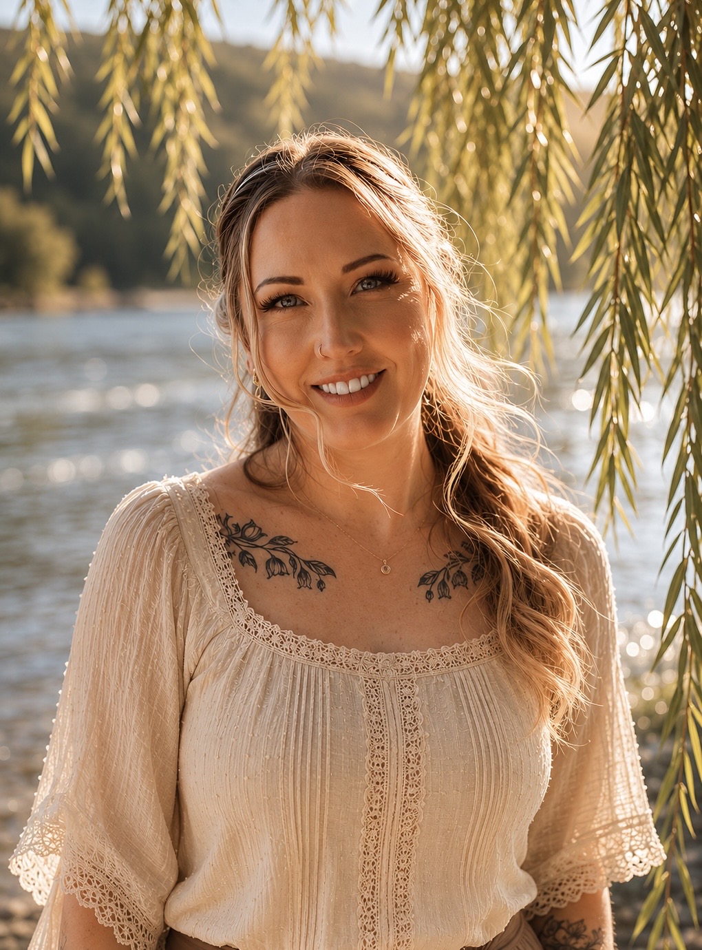 Sarah Hudmon, LCSW-C, beside willow branches and water